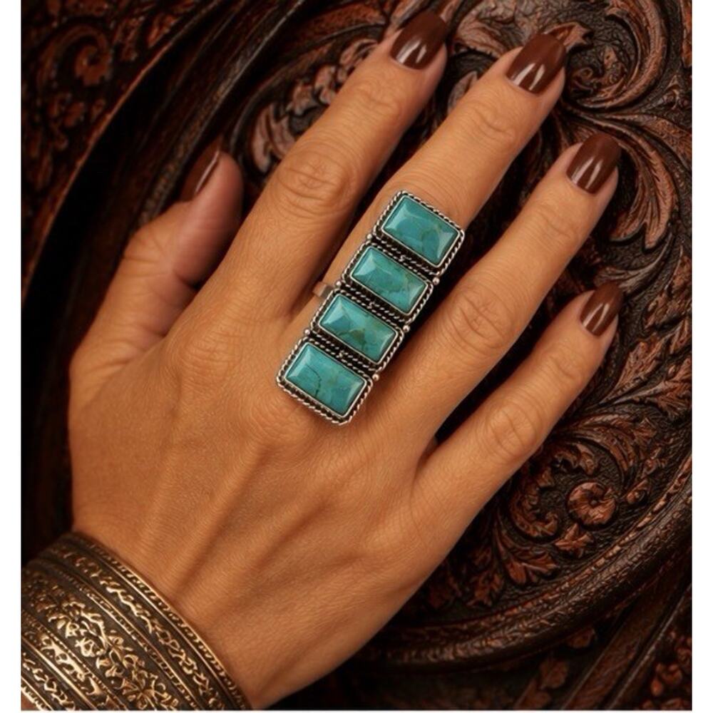 Huge Bar Turquoise Ring Sterling Silver 925